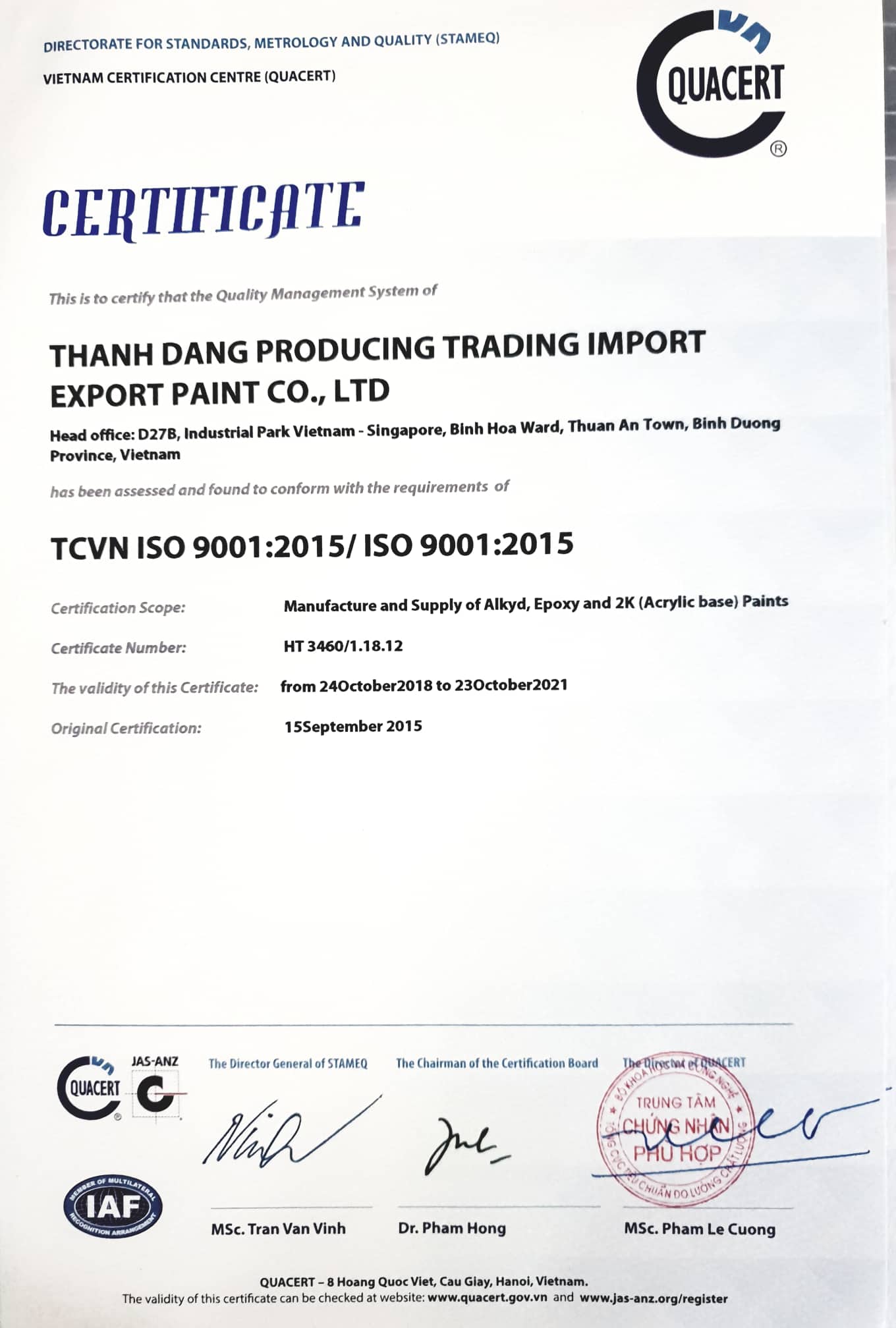 Chứng nhận HTQLCL Iso 9001-2015
